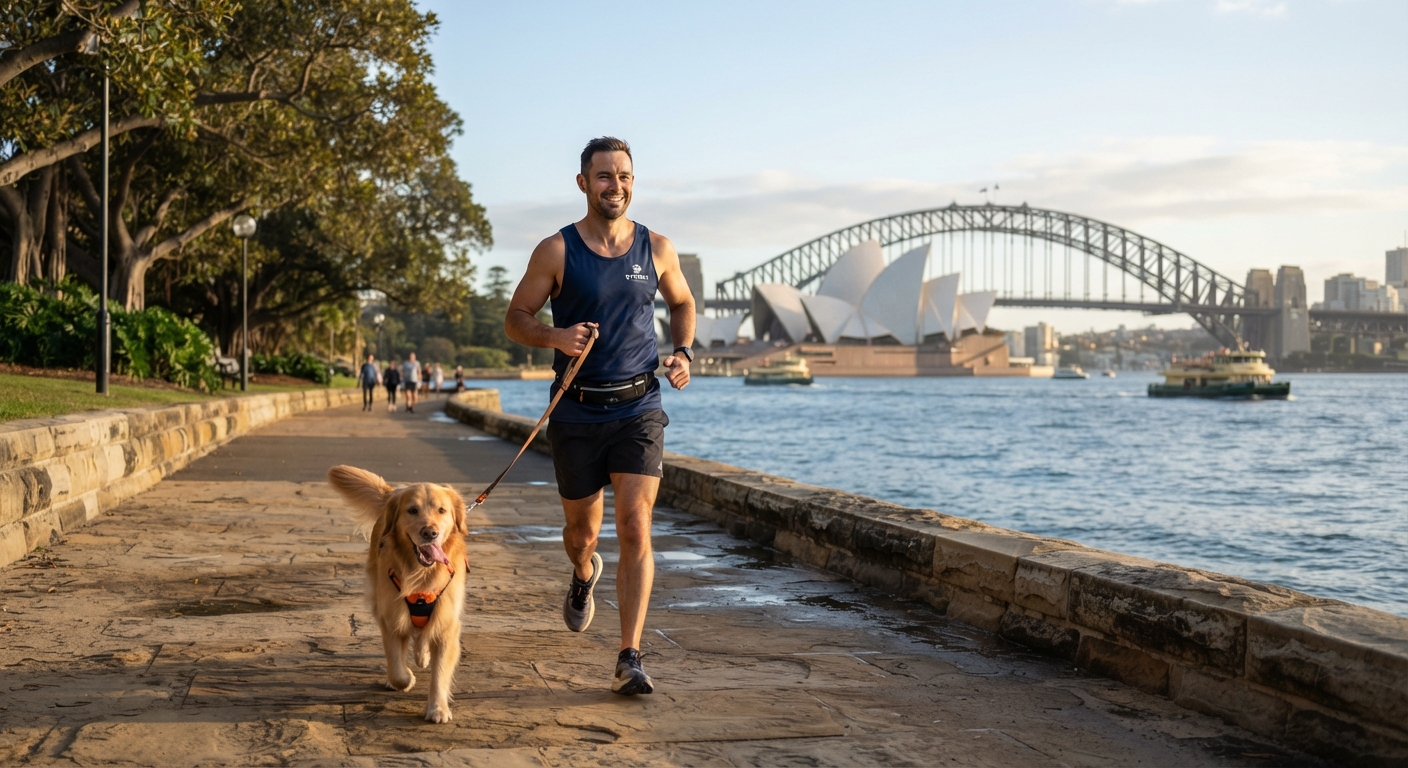 Man jogging with his dog along a Sydney harbourside path